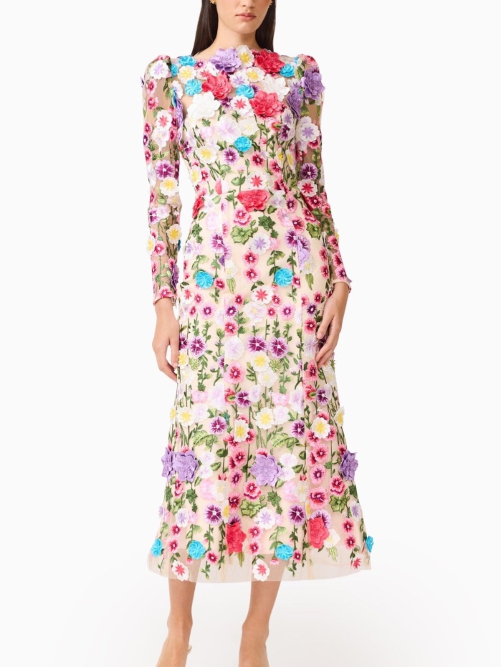 Elliatt Rosette Long Sleeve Midi Dress Floral Appliqué Flower 3D - SMALL
